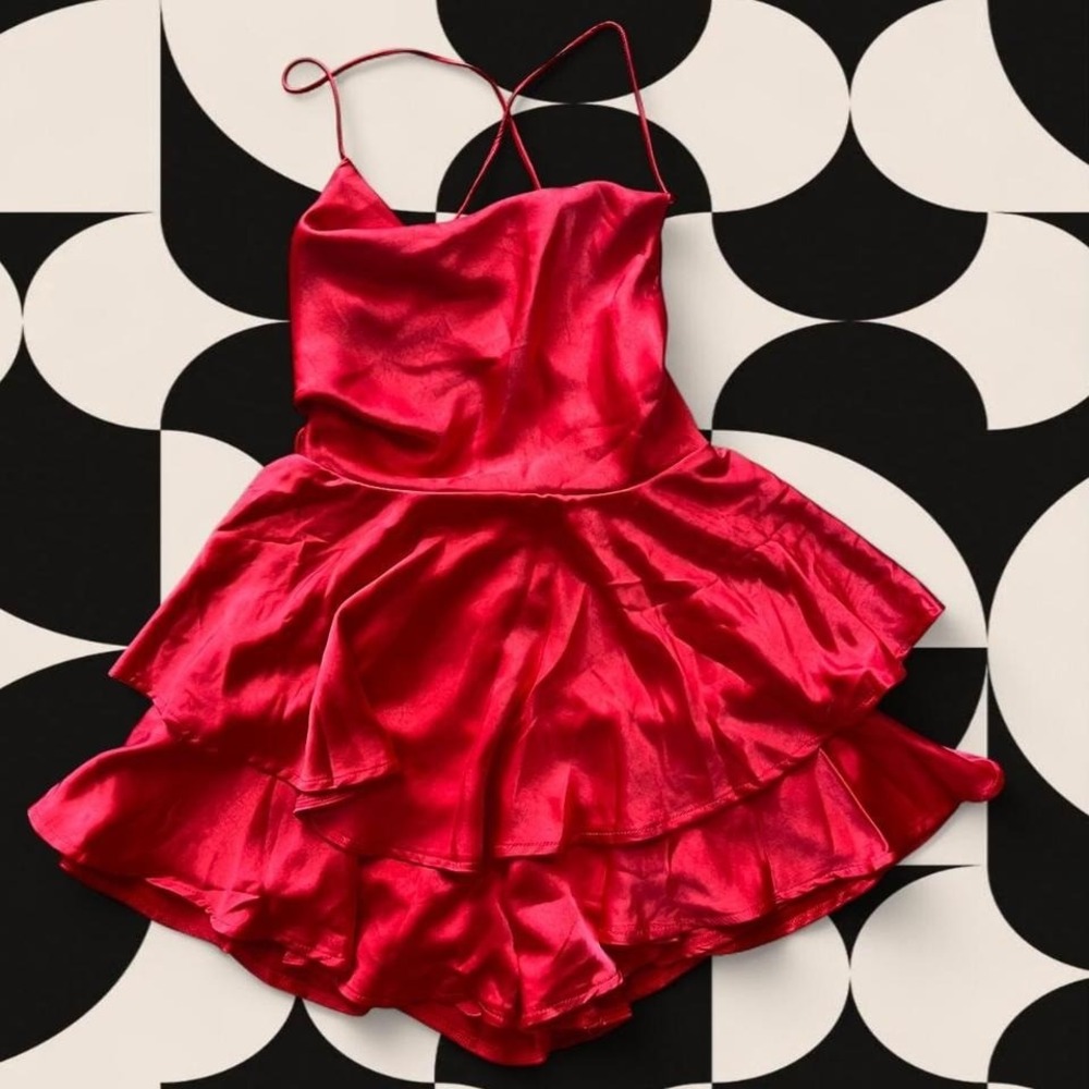 Red satin mini‎ dress / playsuit with cowl neckline by Selfie Leslie - XS